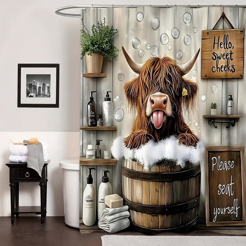 4 Piece Funny Highland Cow Shower Curtain Set - Farmhouse Woodland Bathroom Decor - Washable Fabric Curtain - Rugs and Cover