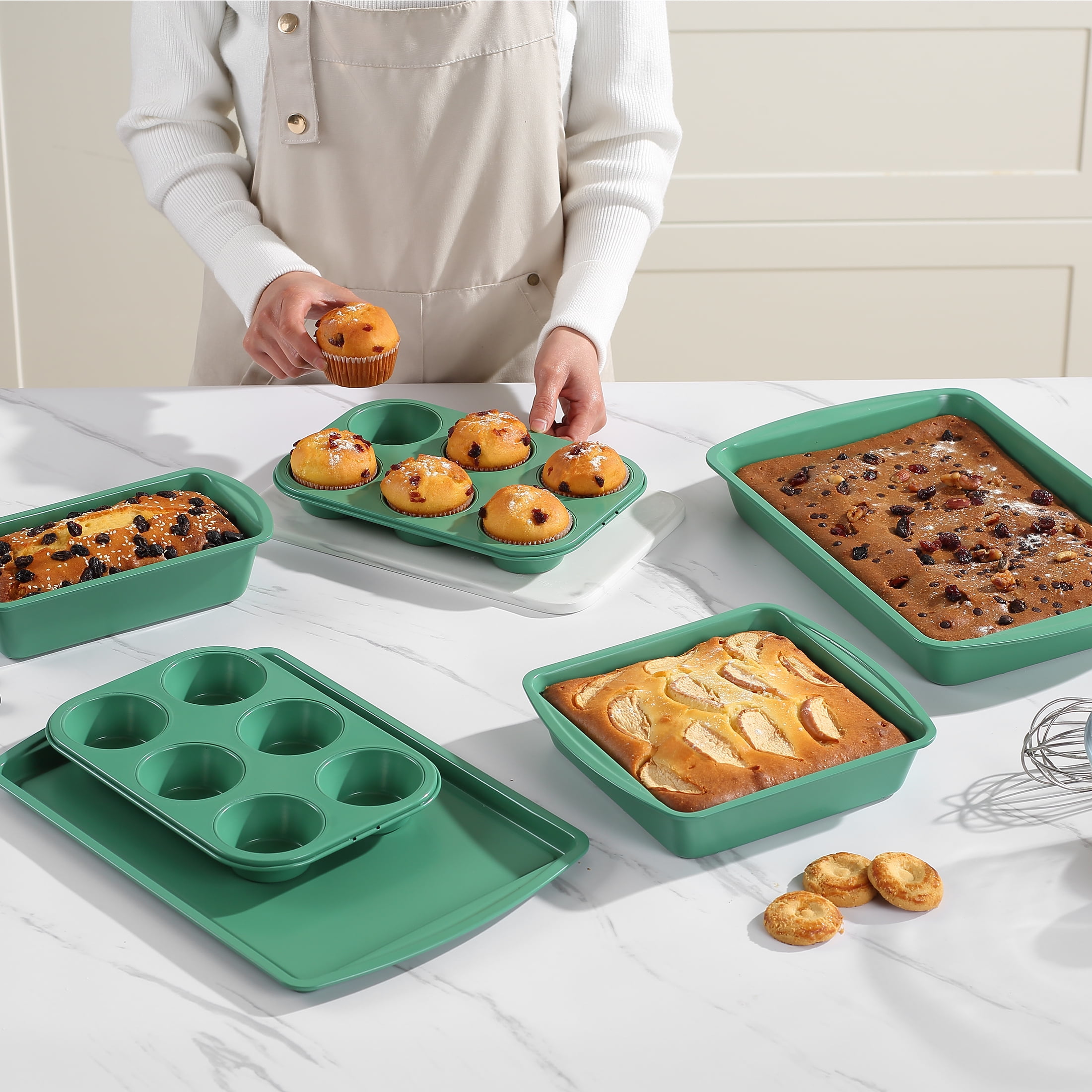 Mainstays 6 Piece Non-Stick Bakeware Sets, Easy for Release and Clean up, Carbon Steel, Green