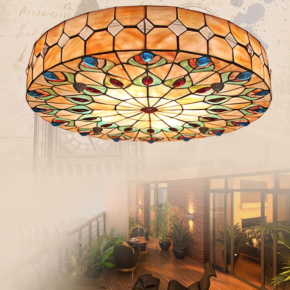 Miumaeov 23 Inch Vintage Tiffany Ceiling Light, Hand-Made Colorful Chandelier Flush Mount Lighting Fixture, with Remote Control 3 Color Dimming Lampshade with Mother of Pearl Decor
