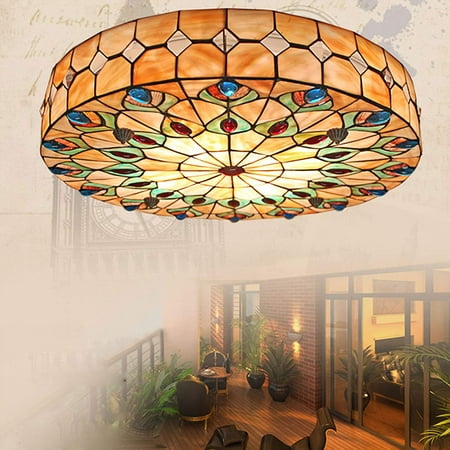 

Miumaeov 23 Inch Vintage Tiffany Ceiling Light Hand-Made Colorful Chandelier Flush Mount Lighting Fixture with Remote Control 3 Color Dimming Lampshade with Mother of Pearl Decor