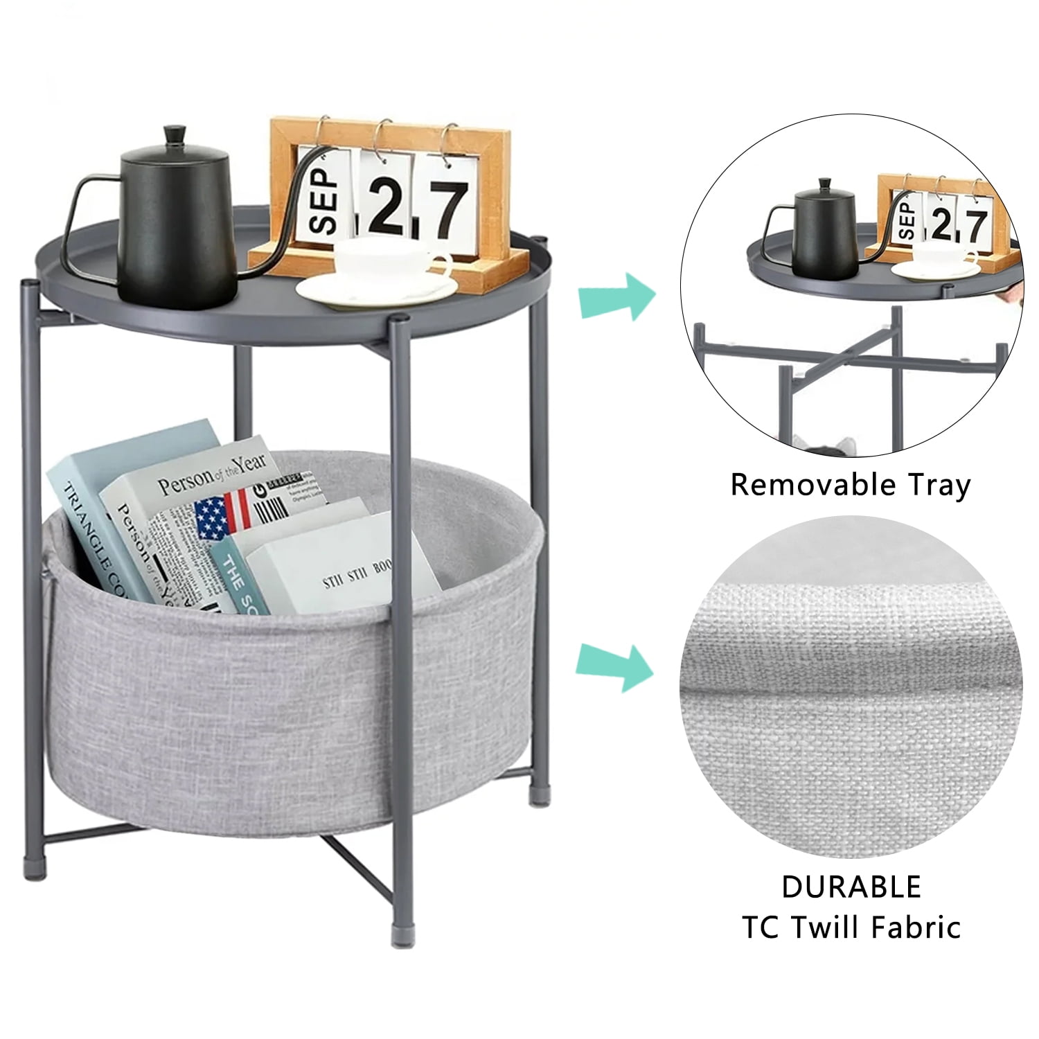 CERBIOR Round Side End Table, Modern Nightstand with Fabric Basket, Gray