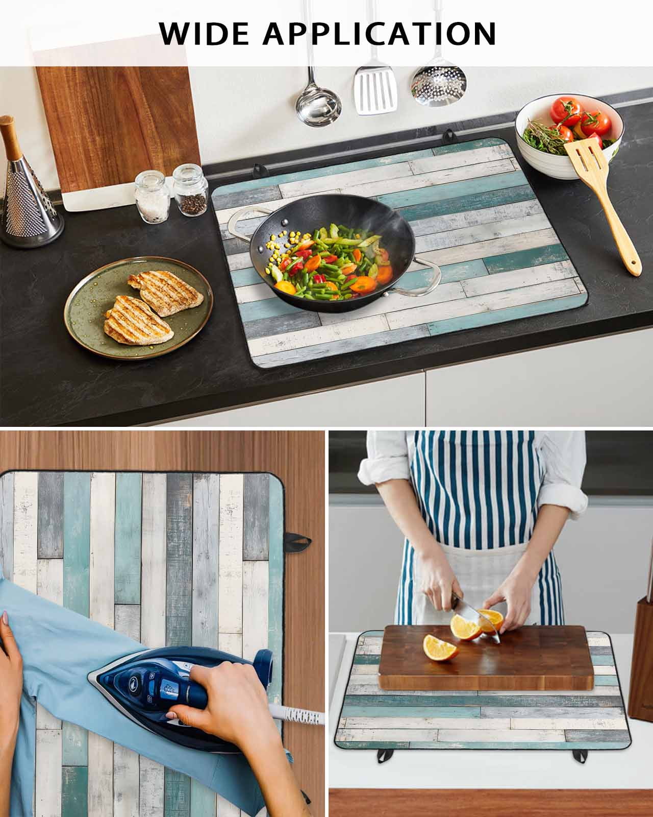 nqOlkjepod Large Induction Cooktop Protector Mat 24"x21", Turquoise Grey Wooden Stove Top Covers for Electric Stove, Farmhouse Teal Wood Decorative Stove Burner Cover Mats, Glass Top Stove Cover