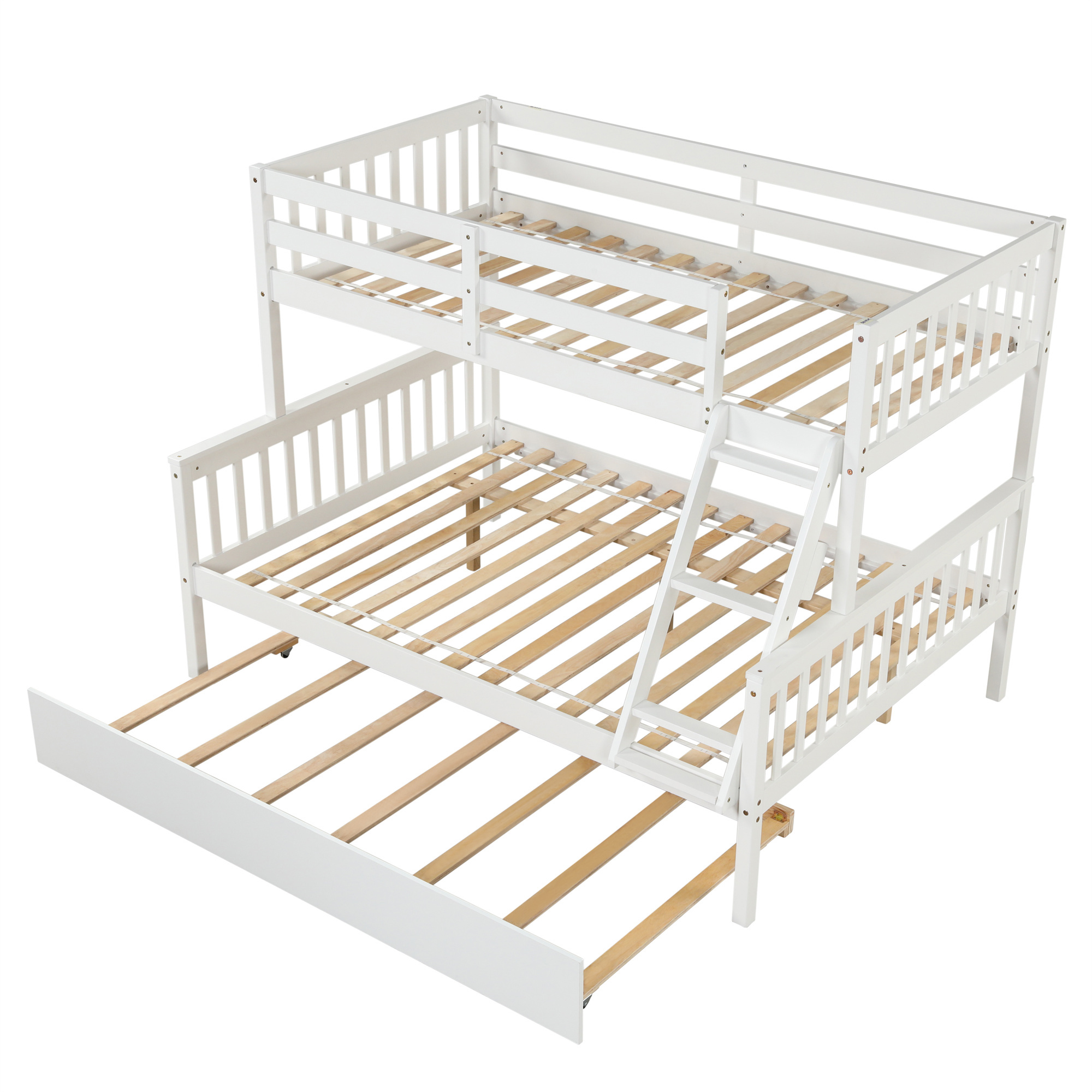Kepooman Twin Over Full Bedroom Wooden Bunk Beds with Trundle & Safety Rail for Kids Teens, White Kepooman Twin Over Full Bedroom Wooden Bunk Beds with Trundle & Safety Rail for Kids Teens, White