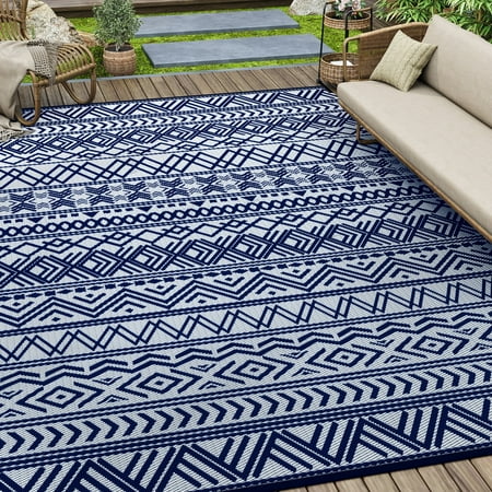 sixhome outdoor rug 5 x8  waterproof reversible patio rug boho geometric indoor outdoor rugs lightweight plastic straw ourdoor carpet for rv camping deck balcony modern porch decor blue and white