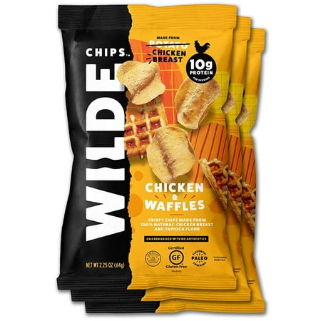 Chicken and Waffles Chicken Chips by Wilde Chips, Thin and Crispy, High Protein, Keto, Paleo Friendly, Made with Real Chicken, 2.25oz Bag (3 Count)