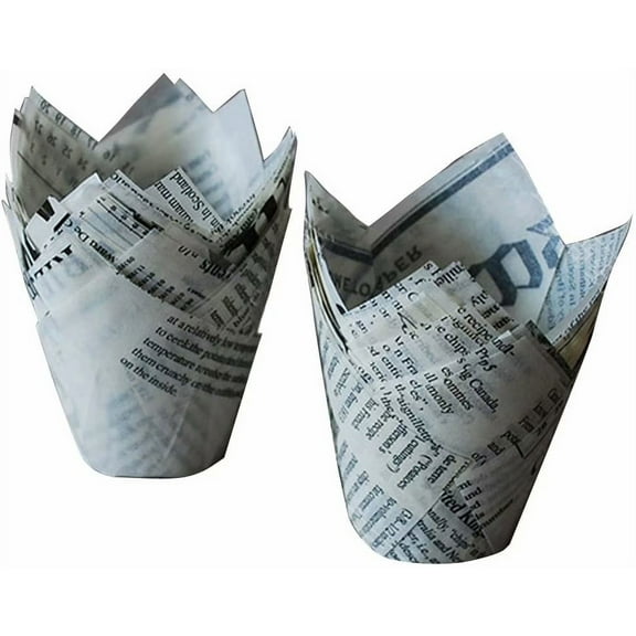 Artrylin 150pcs Tulip Cupcake Liners Baking Cups Muffin Liner Grease-Proof Paper Cupcake Wrappers for Wedding, Birthday Party, Standard Size (Natural Newspaper Printed)