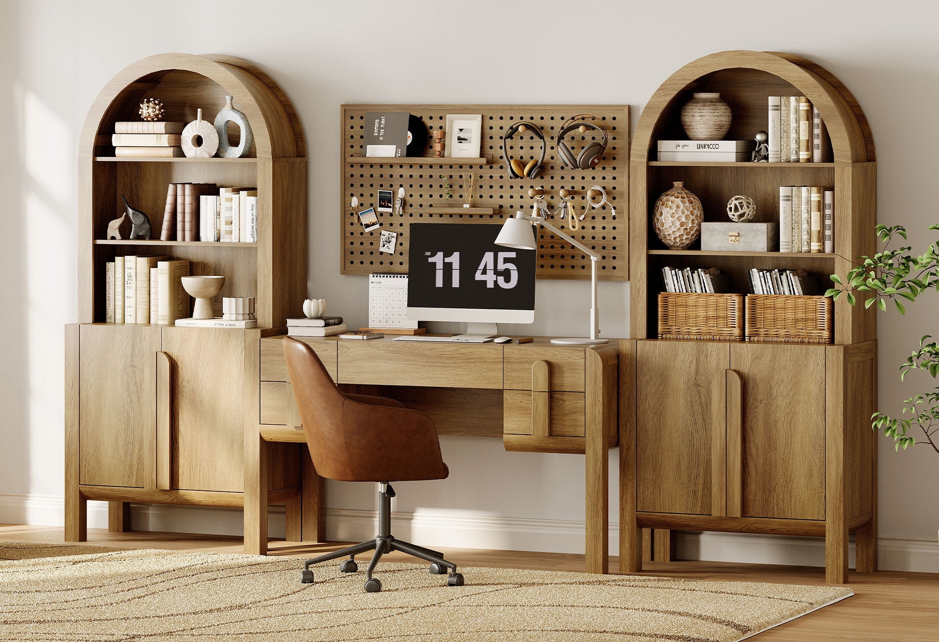 Home Office Set, 53.5" Modern Executive Desk with Charging Station and Drawers & 2 Piece 71"H Tall 5-Tier Arched Bookcases with Storage Cabinet for Living Room, Bedroom, Home Office
