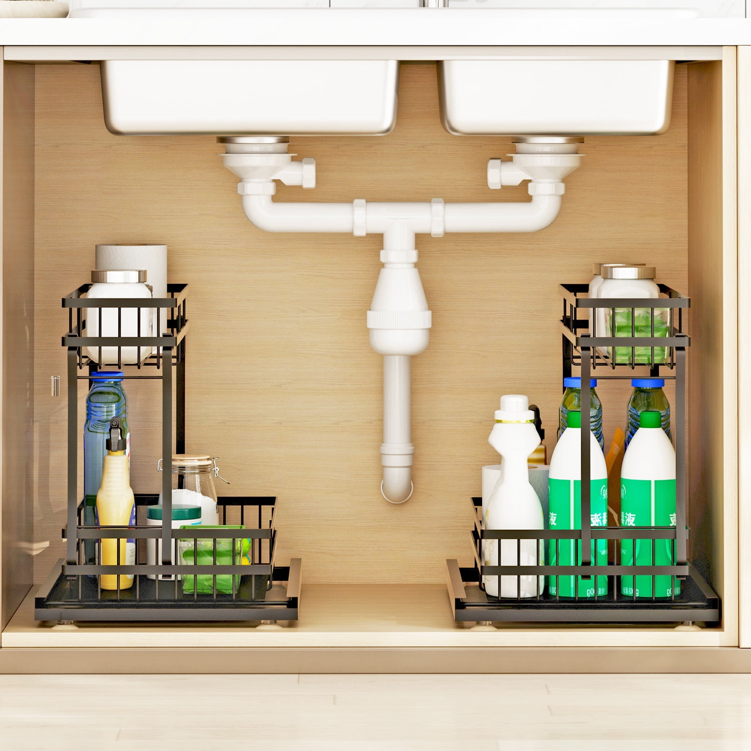 LENLN 2-Tier Under Sink Organizer, Sliding Pull-Out Storage Rack for Kitchen Plumbing, Kitchen Under Sink Storage for Narrow Space Easy Access Sliding Storage Drawer