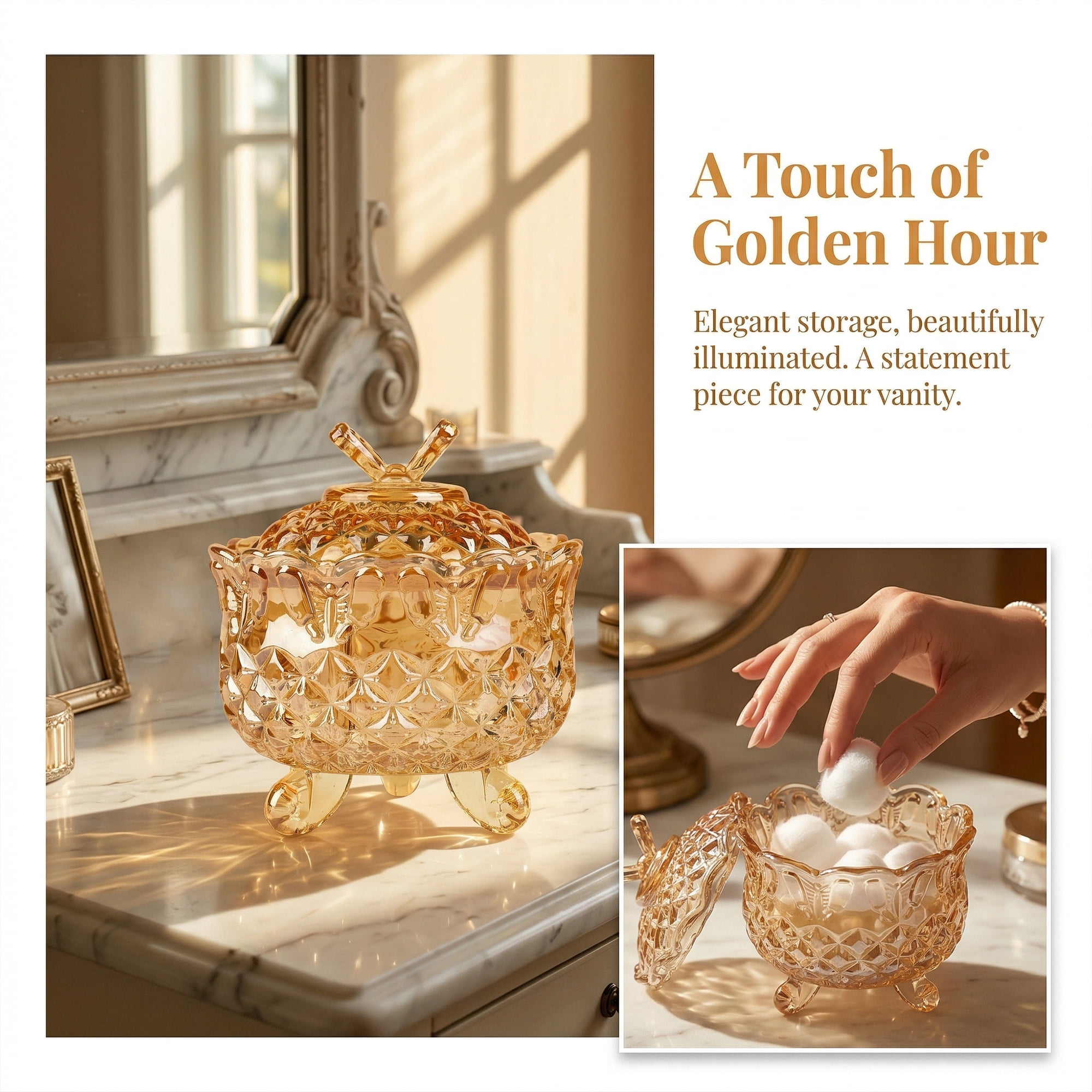 Unique Bargains 8.5oz Crystal Glass Jar with Lid Decorative Dish for Vanity Gold