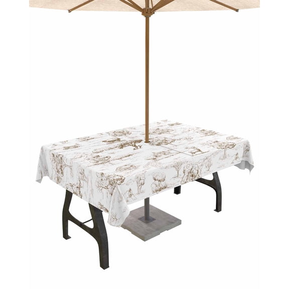 Boanket Outdoor Tablecloth with Umbrella Hole for Patio/Picnic/Party/Camping, Brown Country Waterproof Table Cloth Rectangle Table Cover Washable, Abstract Farmhouse Rustic Tree Animals (52"x 70")