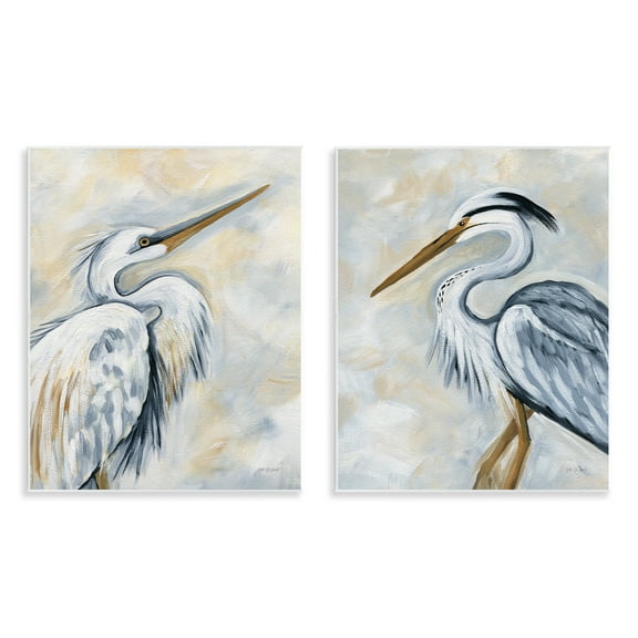 Stupell Industries White Egret Blue Heron Animals Painting Unframed Art Print Wall Art, 11 x 14, Set of 2
