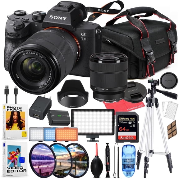 Sony a7 III Mirrorless Camera International Version (No Manufacturer Warranty) w/ 28-70mm Lens   64GB Extreme SD   LED Video Light   Filters   Case   Software Bundle