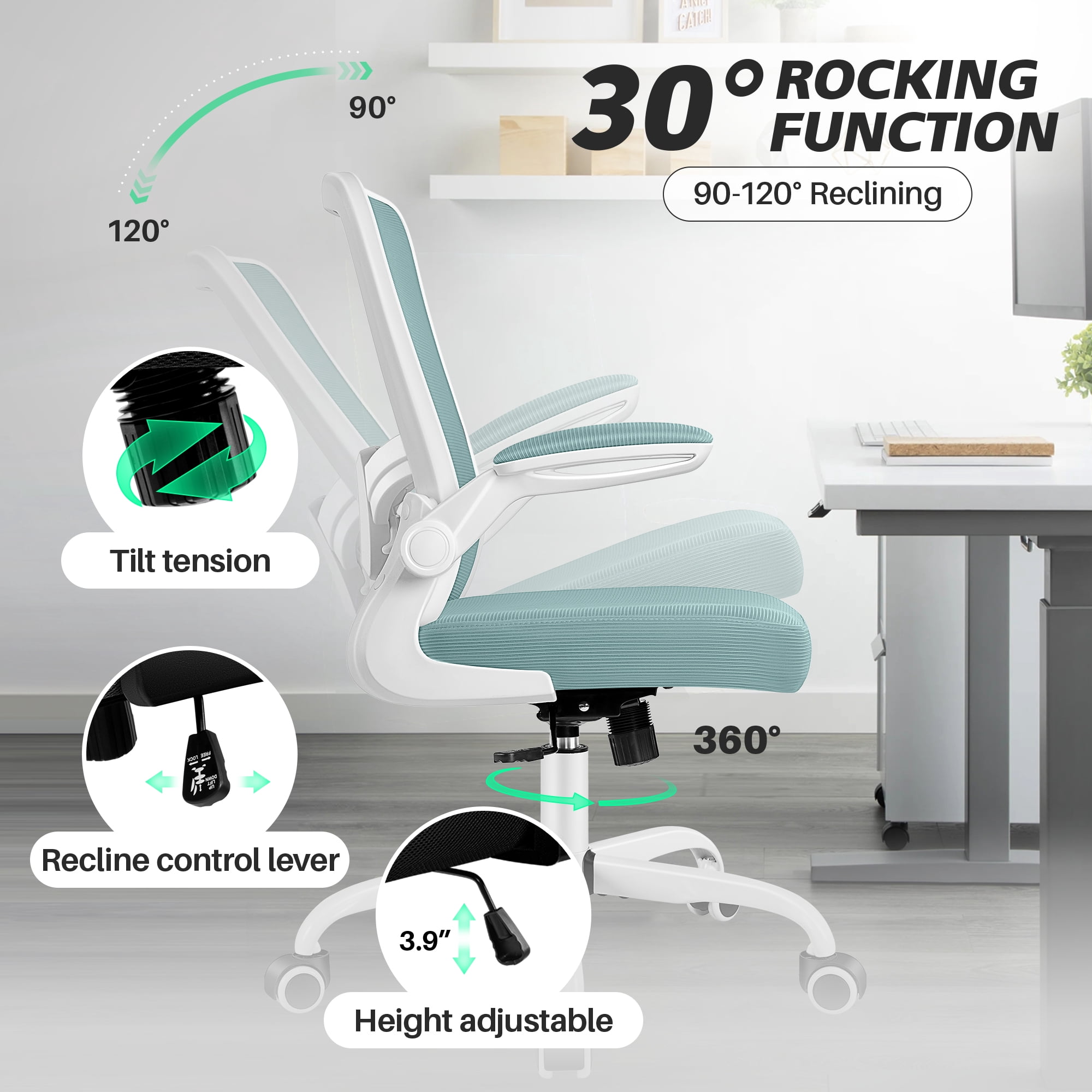 COOLHUT Ergonomic Office Chair, Home Office Desk Chair, Comfort Mesh Task Chair with Adjustable Lumbar Support and Flip up Arms, Light Blue