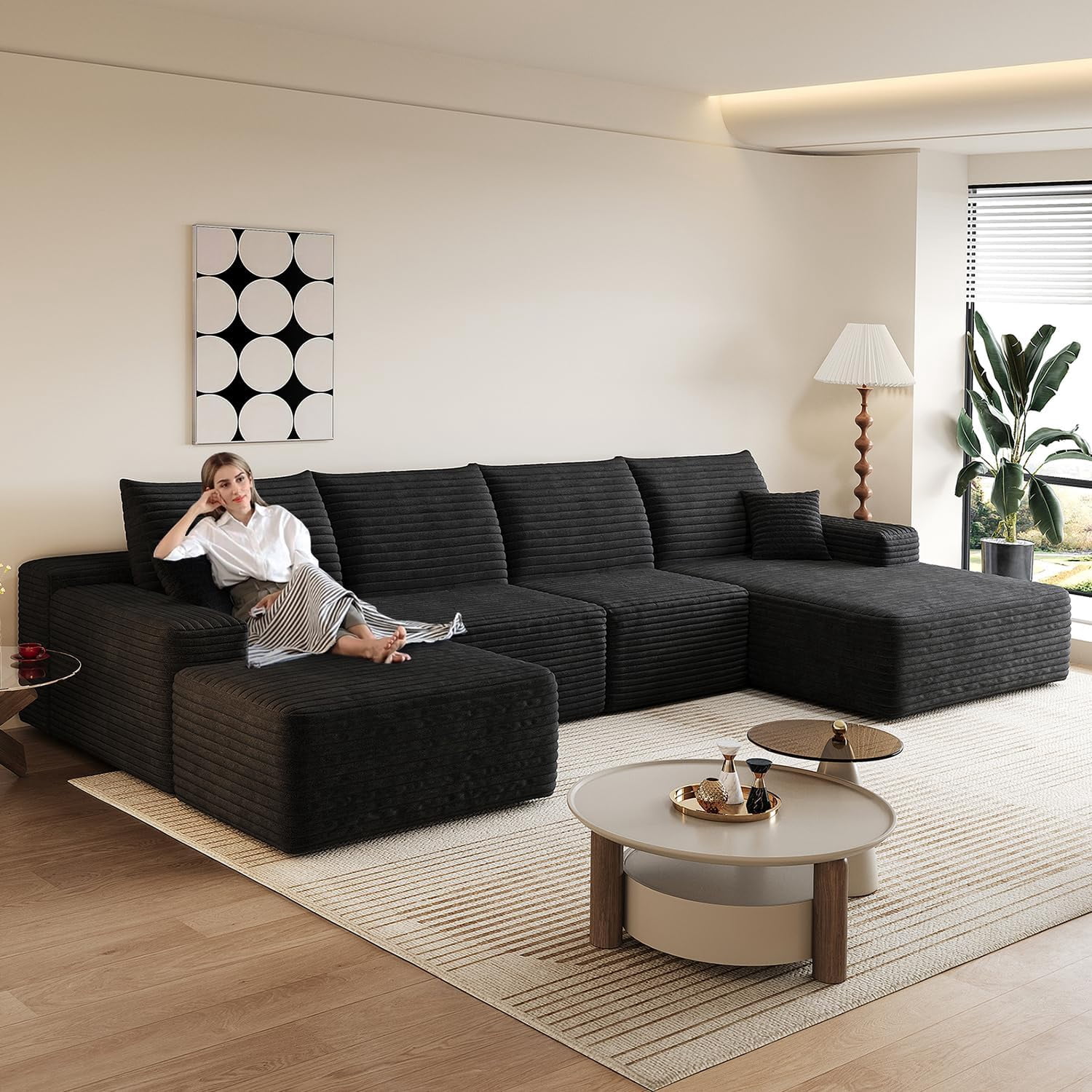 Sailvan 135" Cloud Sectional Couch, Cloudy Sofa with L-Shape Chaise & Ottoman, Upholstered Couches for Living Room & Bedroom, No Assembly Required, Plush Corduroy Fabric, Black