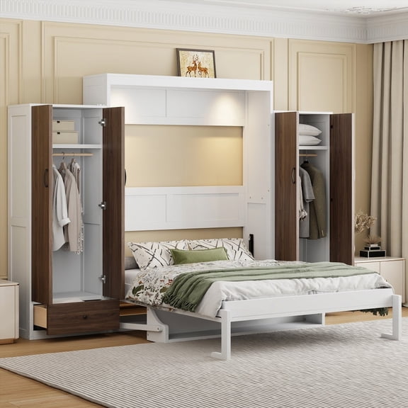 Full Size Murphy Bed with Storage & Desk - White