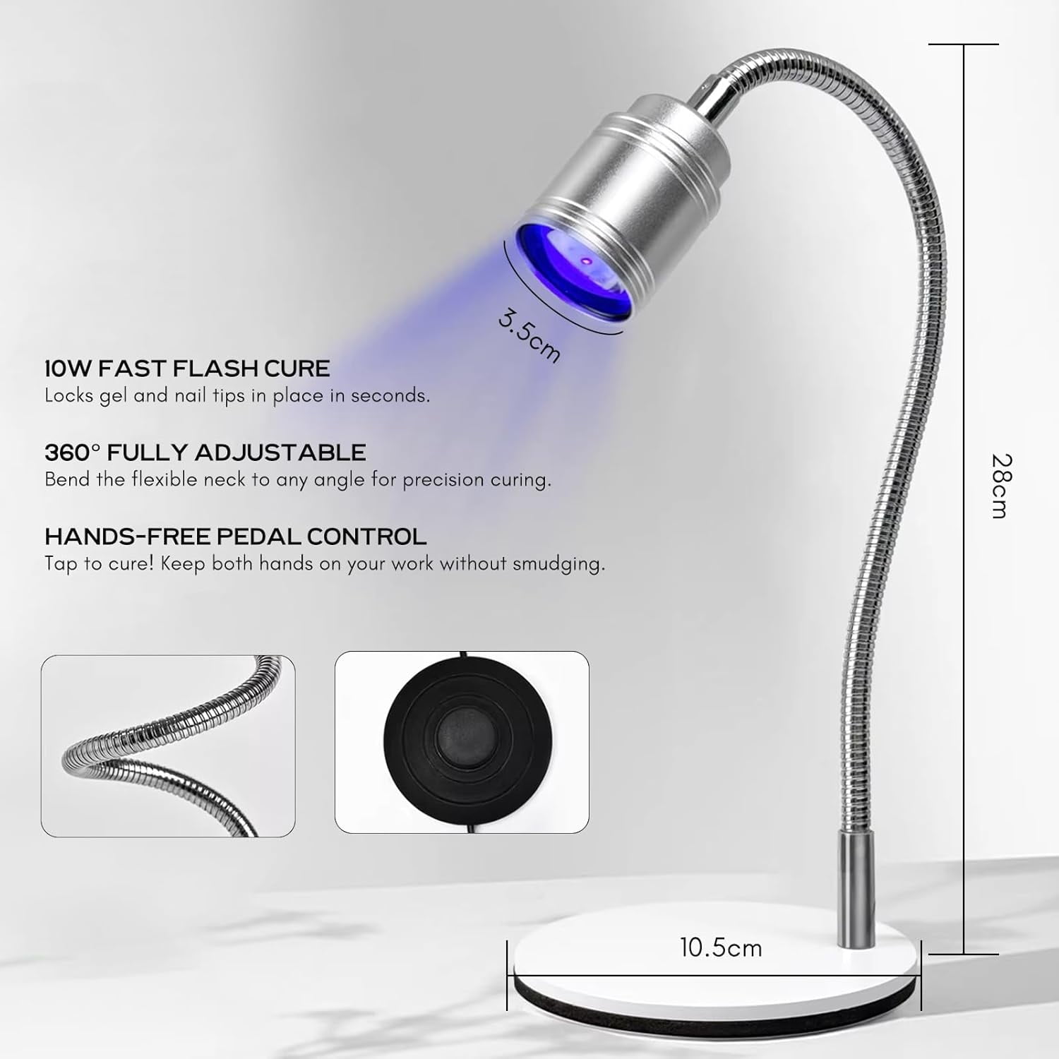 Professional Hands-Free UV LED Nail Lamp with Foot Pedal Switch, 360° Flexible Gooseneck Flash Cure Light for Nail Extensions & 3D Nail Art, USB Powered