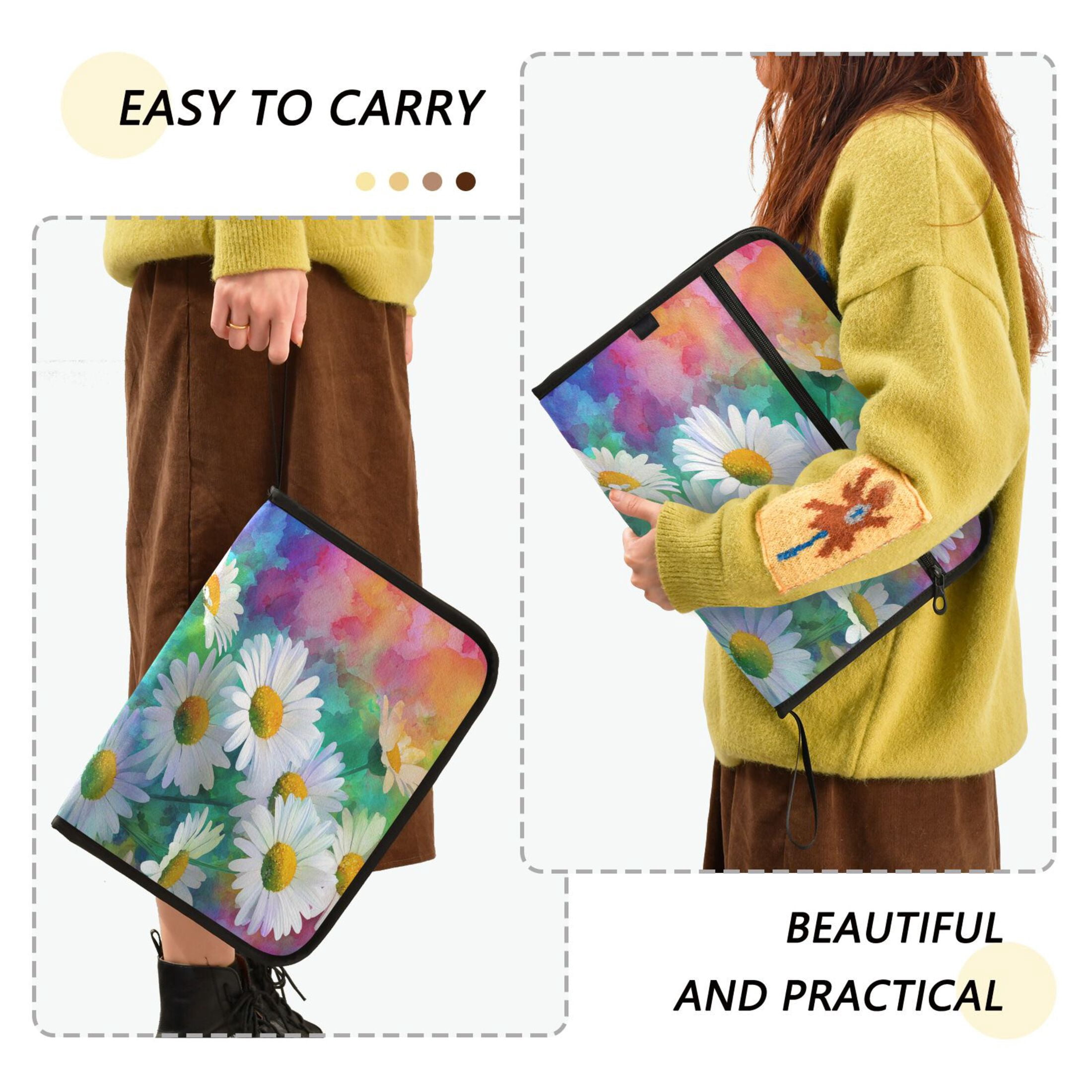 Accordion File Organizer with Zip Closure 13 Pockets Expanding File Folder Letter A4 Paper Document Organizer for Home Office Watercolor Daisies Pattern