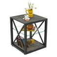 thumbnail image 3 of Industrial Style End Table with Tempered Glass Top and Rustic Wood Grain MDF, Compact Nightstand for Bedroom Living Room or Home Office Storage, 3 of 9