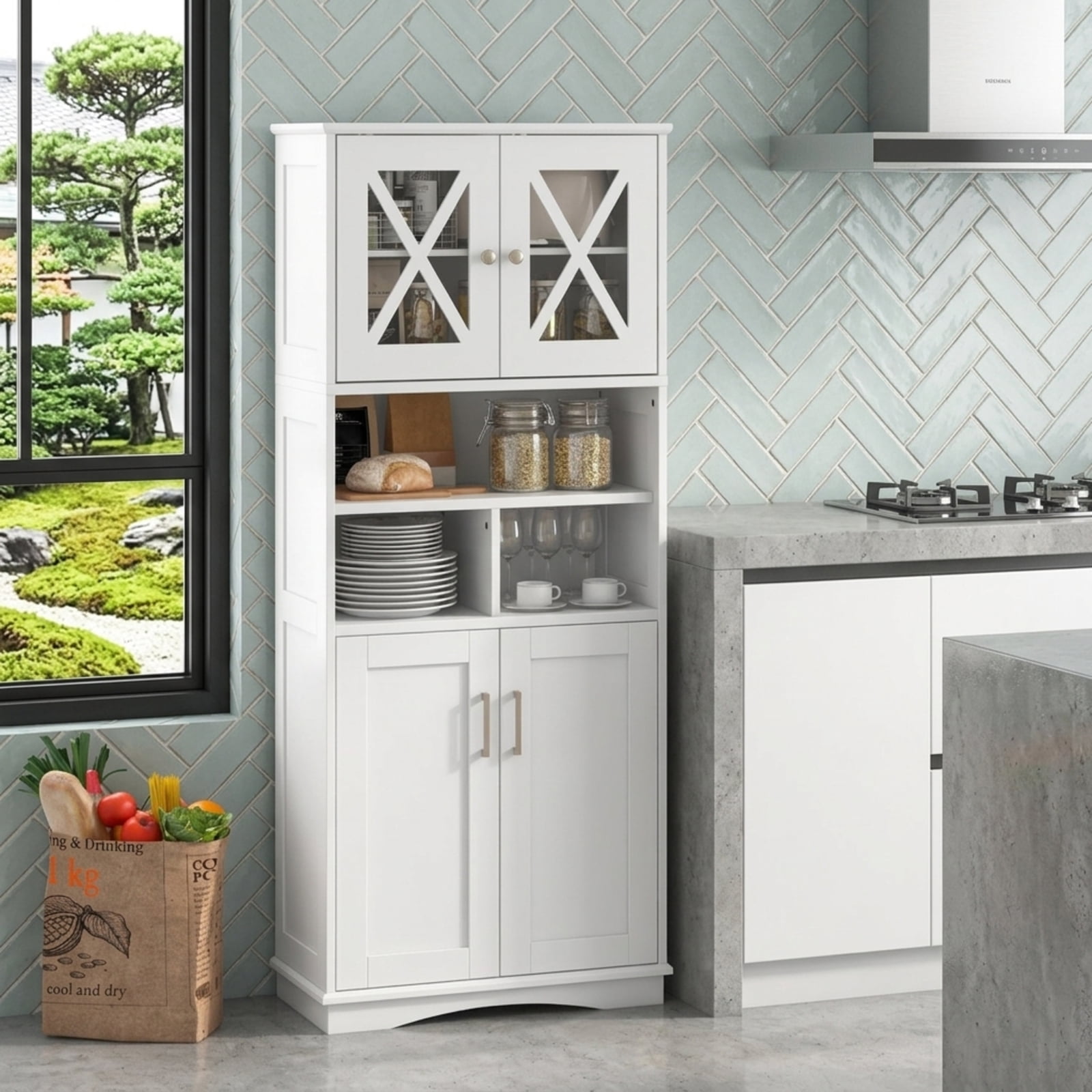 Vebreda Tall Bathroom Floor Storage Cabinet with Acrylic Doors and 3 Open Cubes and Adjustable Shelves for Bathroom Organizer, White