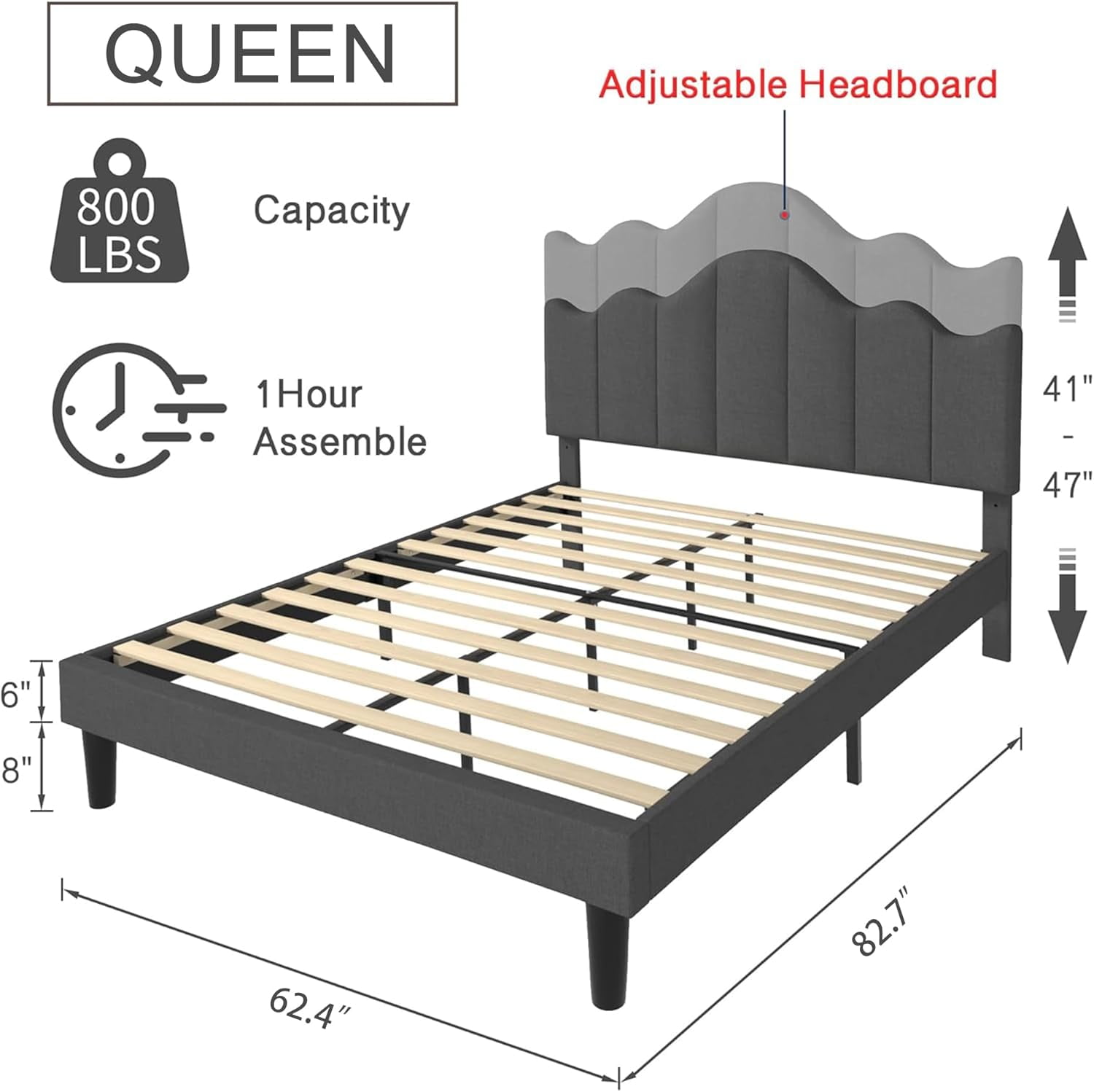 VECELO Queen Size Upholstered Platform Bed Frame with Adjustable Headboard, No Box Spring Needed, Easy Assembly, Dark Gray