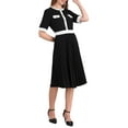thumbnail image 4 of Women's Short Sleeve Pleated Dress 2025 Trendy Contrast Color Casual Work A-Line Midi Dresses S Black, 4 of 5