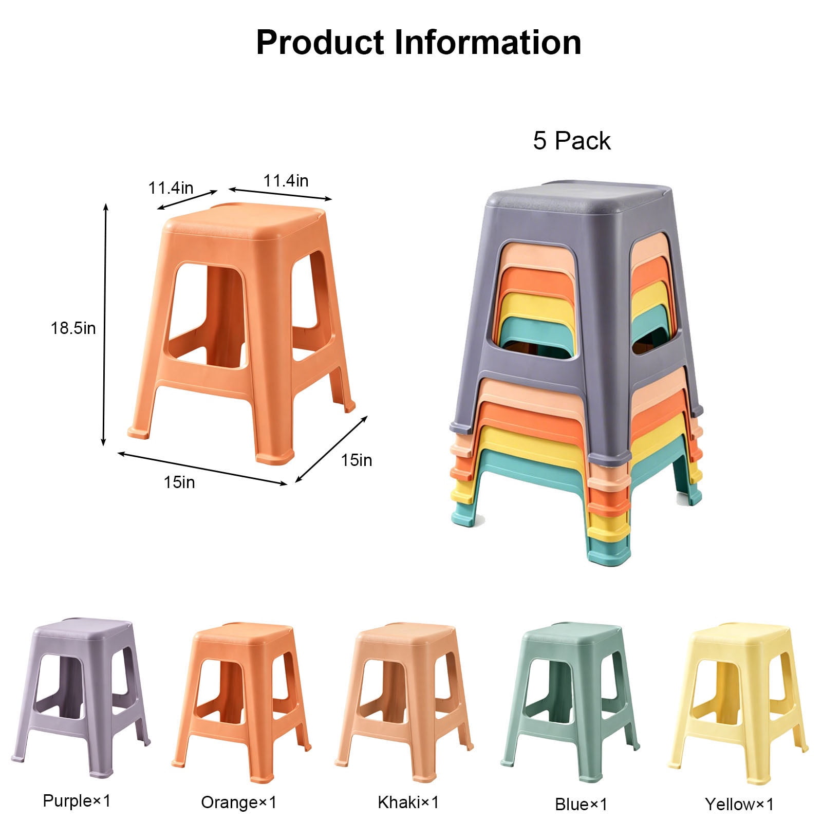 PORKISS 5 Pack Stackable Stools, 18.5 Inch Plastic Classroom Stools, Colorful Nesting Backless Stools for Flexible Seating, School, Home, Office, No Assembly, 350 lbs