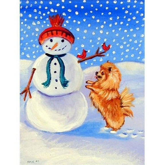 28 x 40 in. Snowman with Pomeranian House Size Canvas Flag