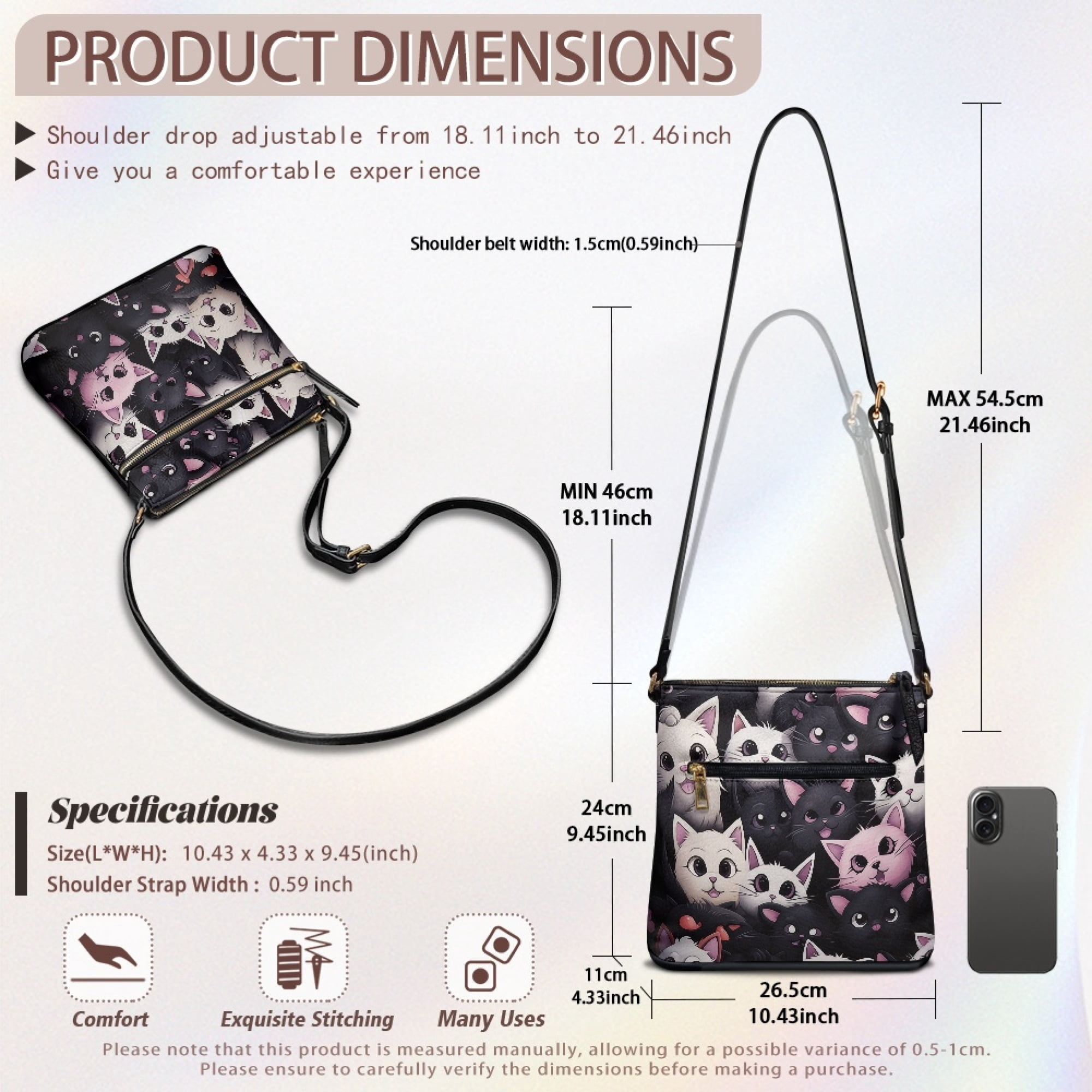 Kuiaobaty Kitten Print Crossbody Bag for Women Waterproof, Trendy Lightweight Vegan Leather Crossbody Purse Medium Size, Roomy Shoulder Bag with Adjustable Strap for Travel & Dating