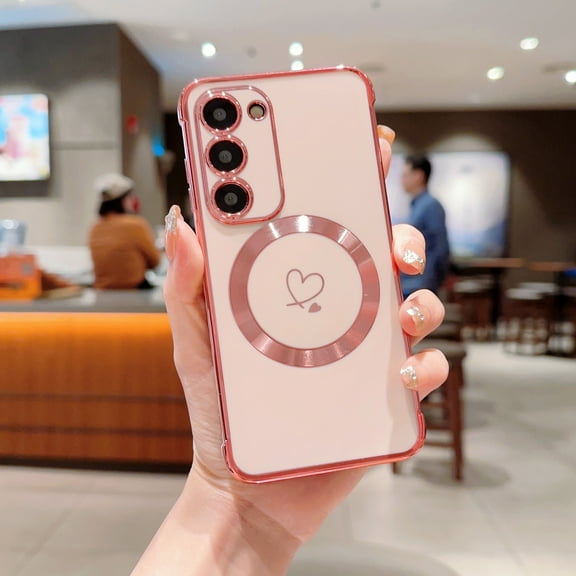 SaniMore Case for Samsung Galaxy S23 Plus 6.6" 2023, Plaitng Bumper Stylish Cute Love Heart Ultra-slim Lightweight Magnetic Shell [Wireless Charging] Lens All-inclusive Full Protection, Pink