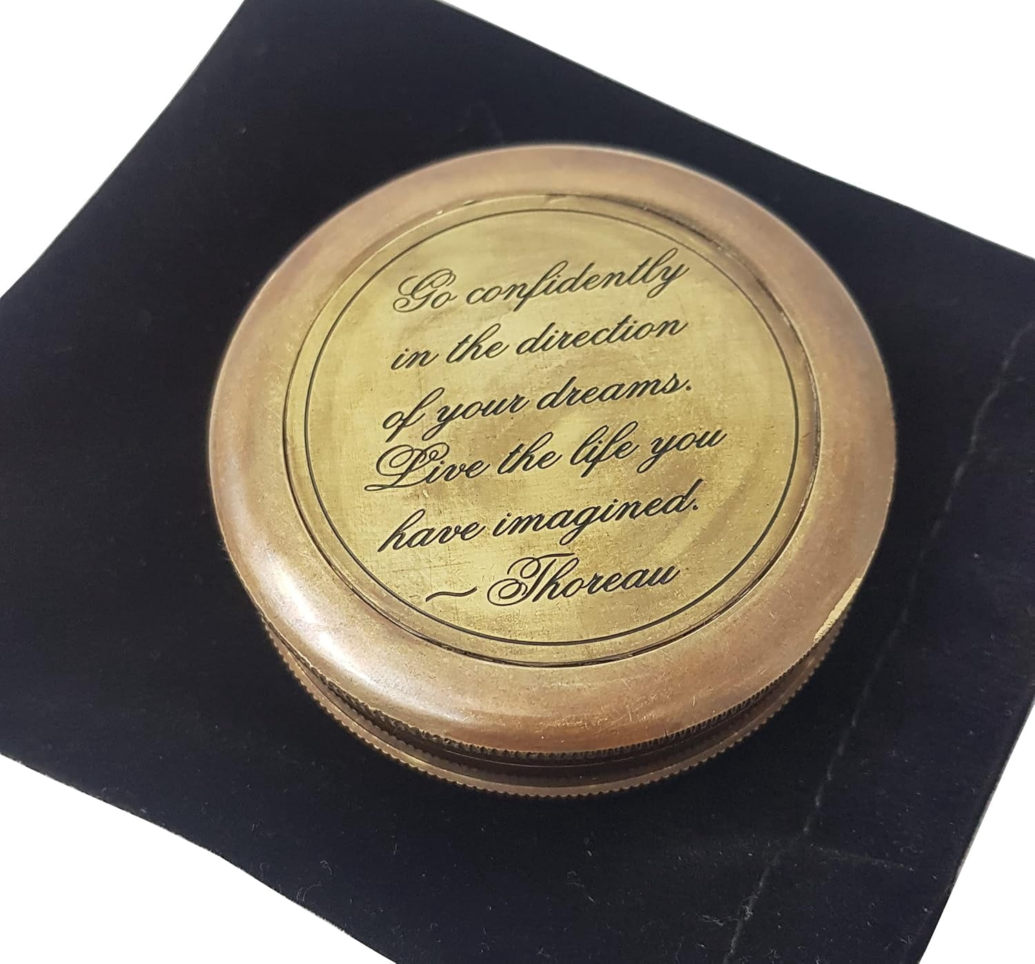 Brass Compass in Antique Finish, with HD Thoreau's Motivational Quote Go Confidently in The Direction with Case