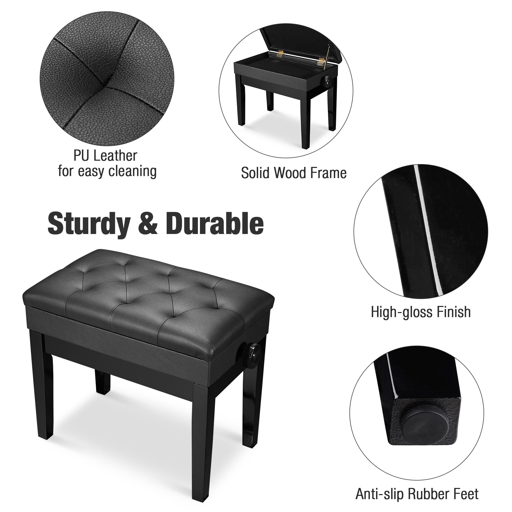Yescom Black Adjustable Height Piano Bench PU Leather Padded Keyboard Storage Seat