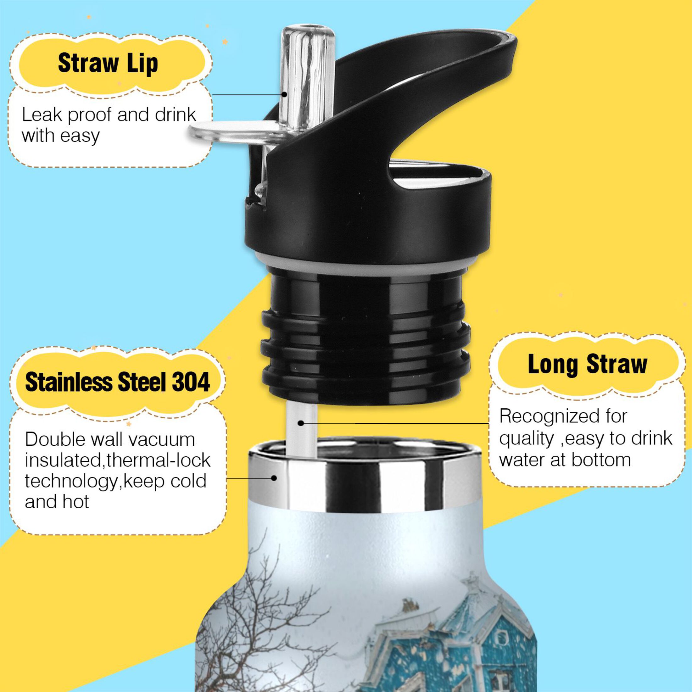 Kids Insulated Stainless Steel Sports Water Bottle 600ml (20oz) Town in Winter