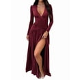 thumbnail image 2 of Female Long Sleeve Maxi Dress V Neck Wrap Waist Formal Long Cocktail Dresses Night Out Outfits Wine Red S, 2 of 8