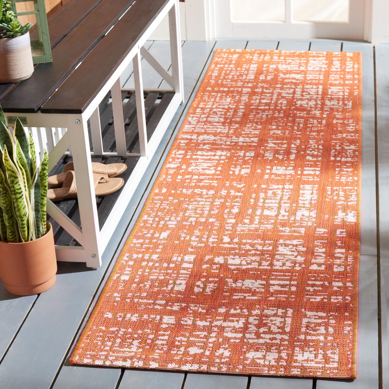 thumbnail image 3 of SAFAVIEH Courtyard Charlie Abstract Indoor/Outdoor Runner Rug, Orange/Ivory, 2'3" x 8', 3 of 10