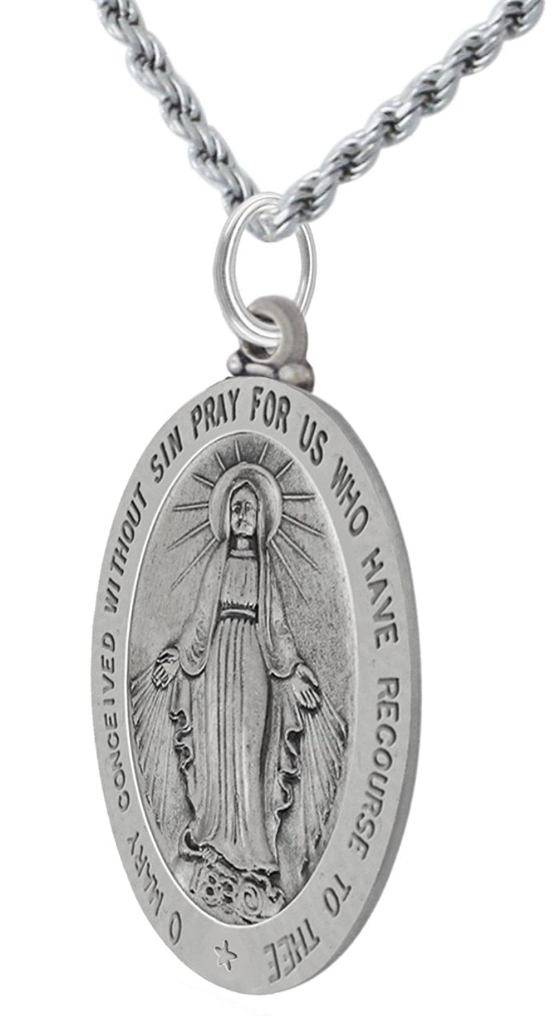 US Jewels And Gems New 925 Sterling Silver 1.5 Oval Miraculous Virgin Mary Antique Finish Pendant Necklace US Jewels And Gems New 925 Sterling Silver 1.5 Oval Miraculous Virgin Mary Antique Finish Pendant Necklace