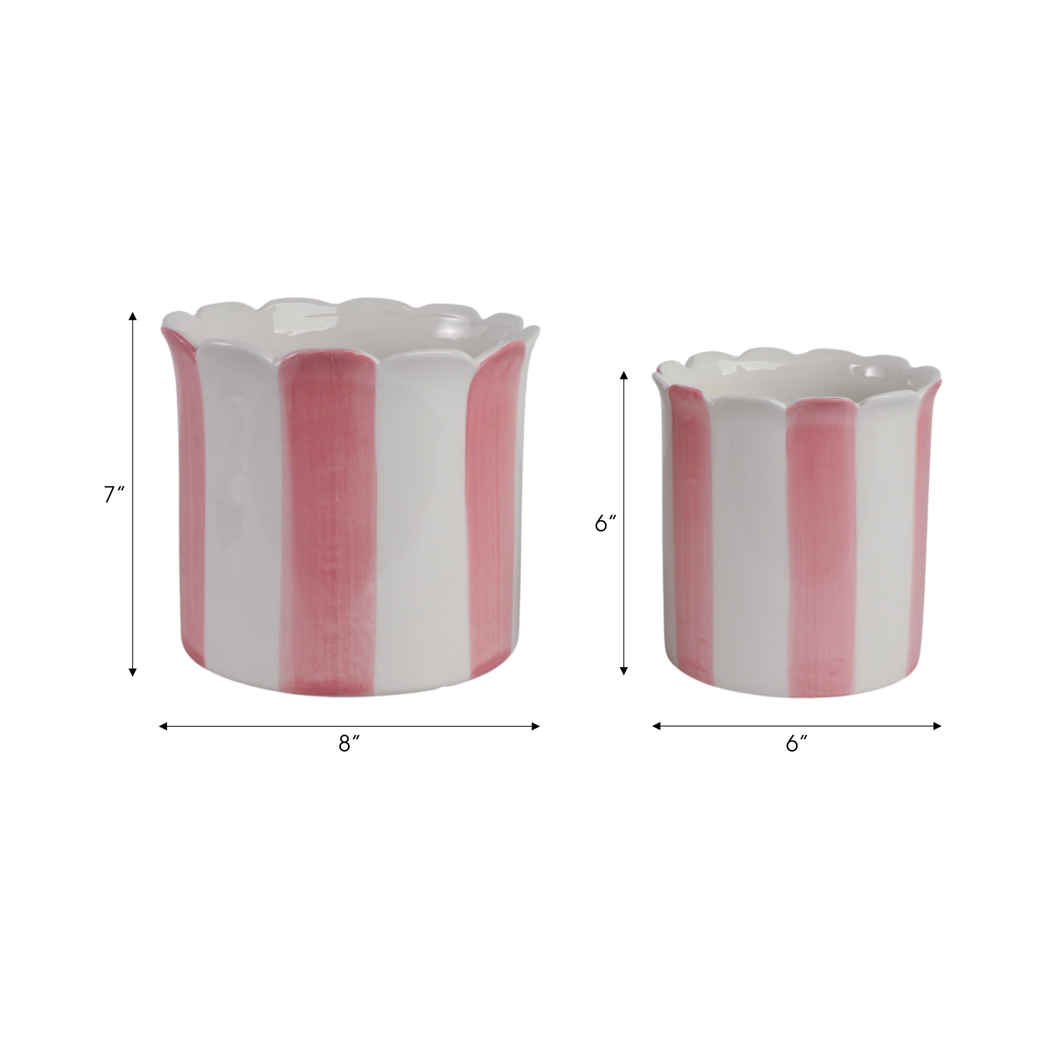 Ceramic Scalloped Striped Flower Pots for Home Decor - Decorative Planters for Indoor and Outdoor Plants - Plant Pots for Living Room and Garden Decor - Set of 2, 7", 6", Pink & White