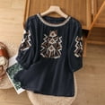 thumbnail image 2 of frariair Women's Boho Embroidered Cotton-Linen Blouse For Summer Vacations Navy, 2 of 9