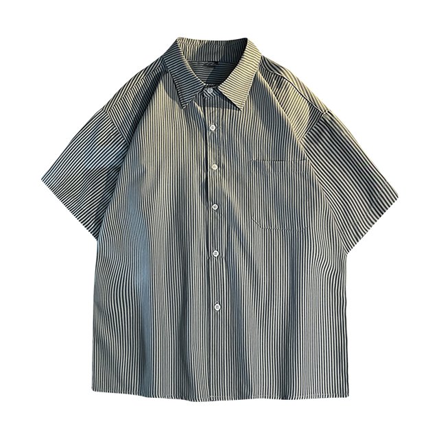Manga Corta Cardigan Raya Impresión Botón Solapa Blusa Casual, Camisas de Manga Corta para Hombre