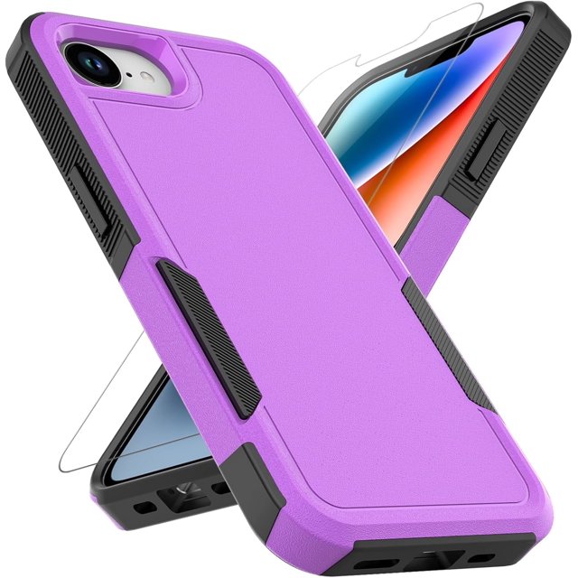 KOMI iPhone 16E Case: Dual Layer Protective Heavy Duty Cell Phone Cover Shockproof Rugged with HD Screen Protector - Military Protection Bumper Tough - Apple iPhone 16E / SE 2025 / SE4, Purple