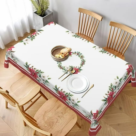 

Poinsettia Christmas Tablecloth Rectangle 60 x 84 Inch White and Red Christmas Tablecloths Polyester Winter Table Cloth for Holiday Parties Kitchen Dining Indoor Outdoor