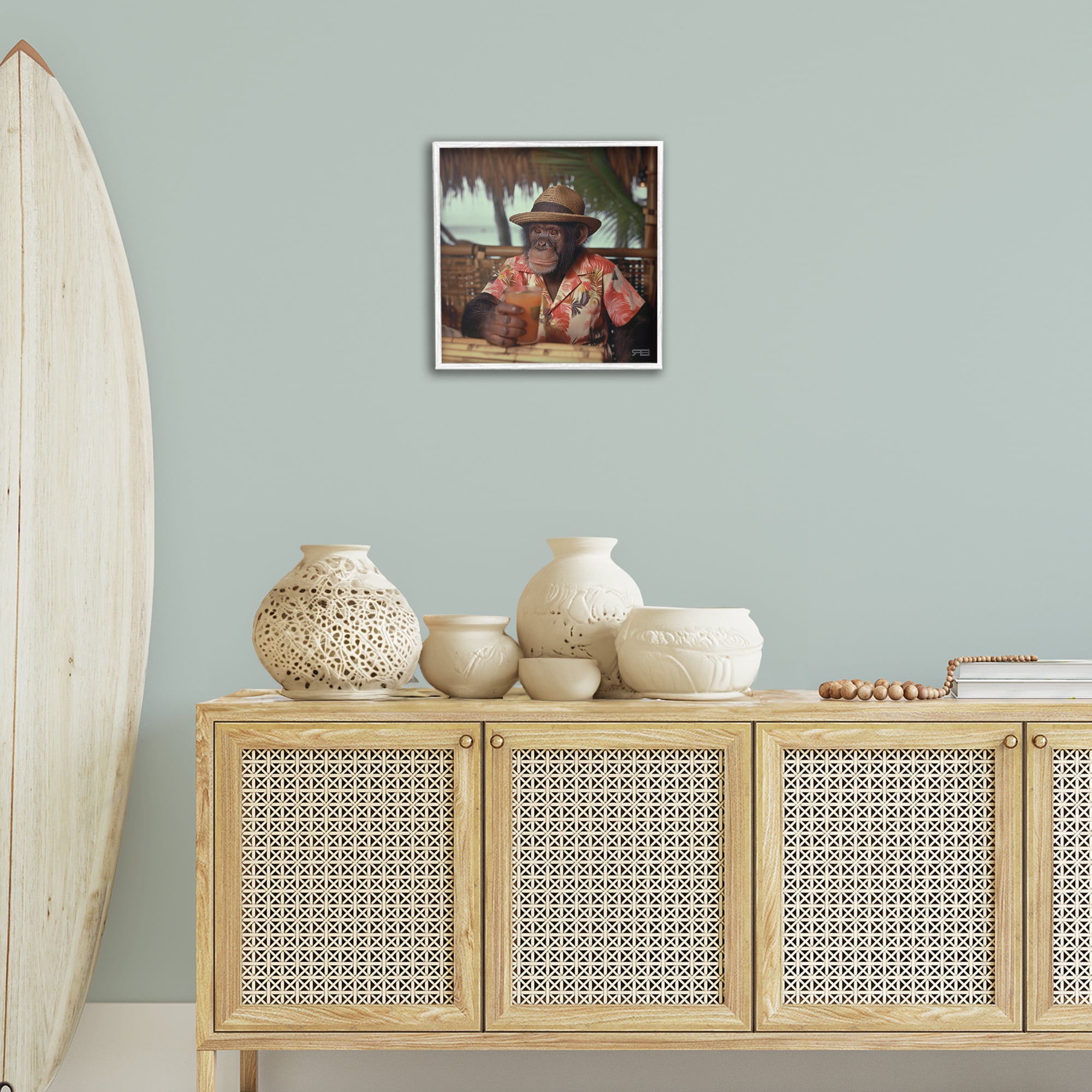 Stupell Industries Tropical Vacation Monkey Novelty Painting White Framed Art Print Wall Art, 17 x 17