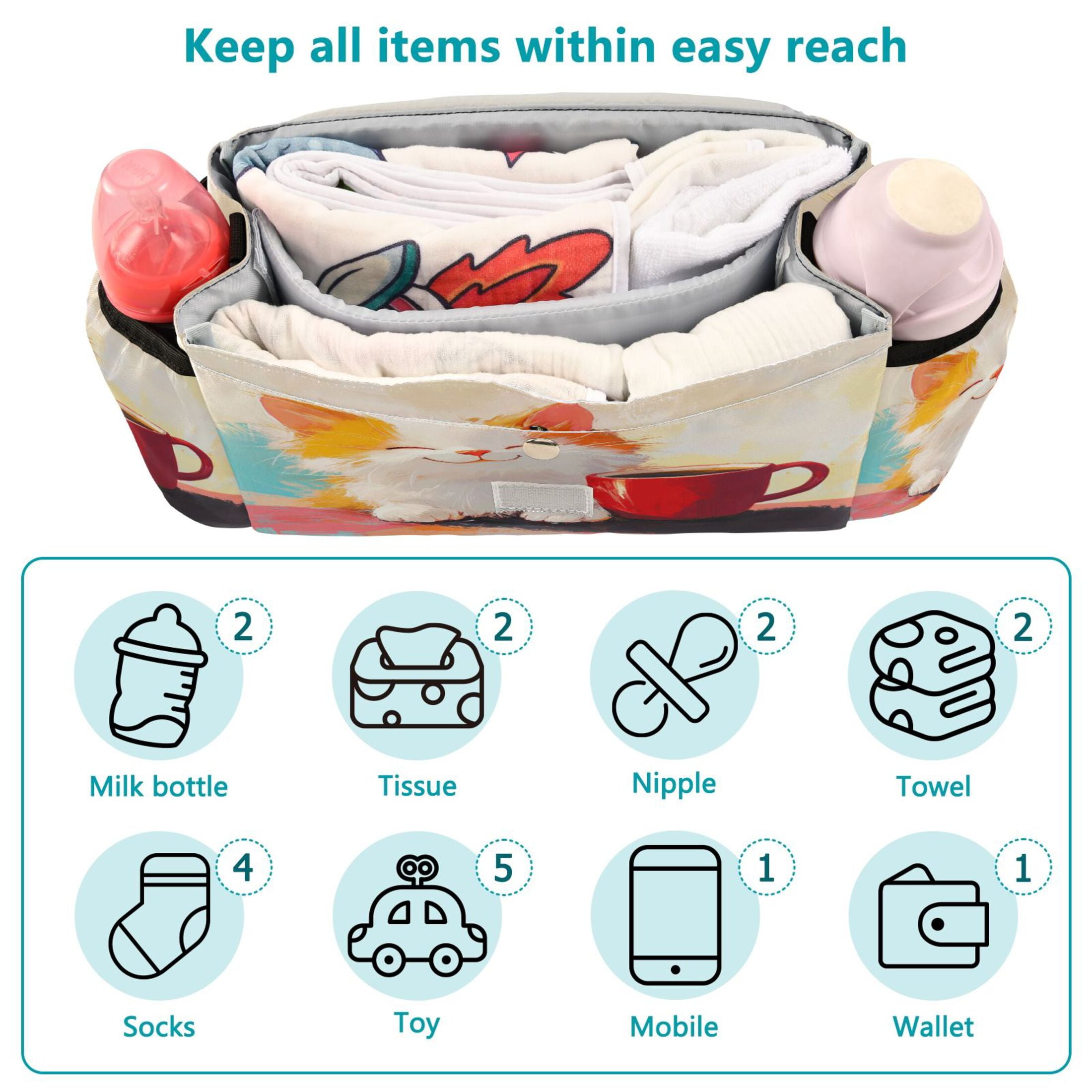 DIXRUYEE Stroller Organizer Joyful Kitty with A Mug Printed