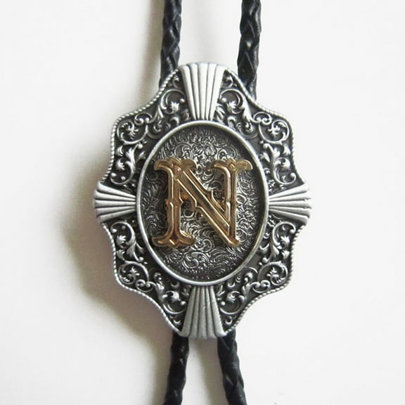 Vintage Style Initial Letter N Leather Bolo Tie