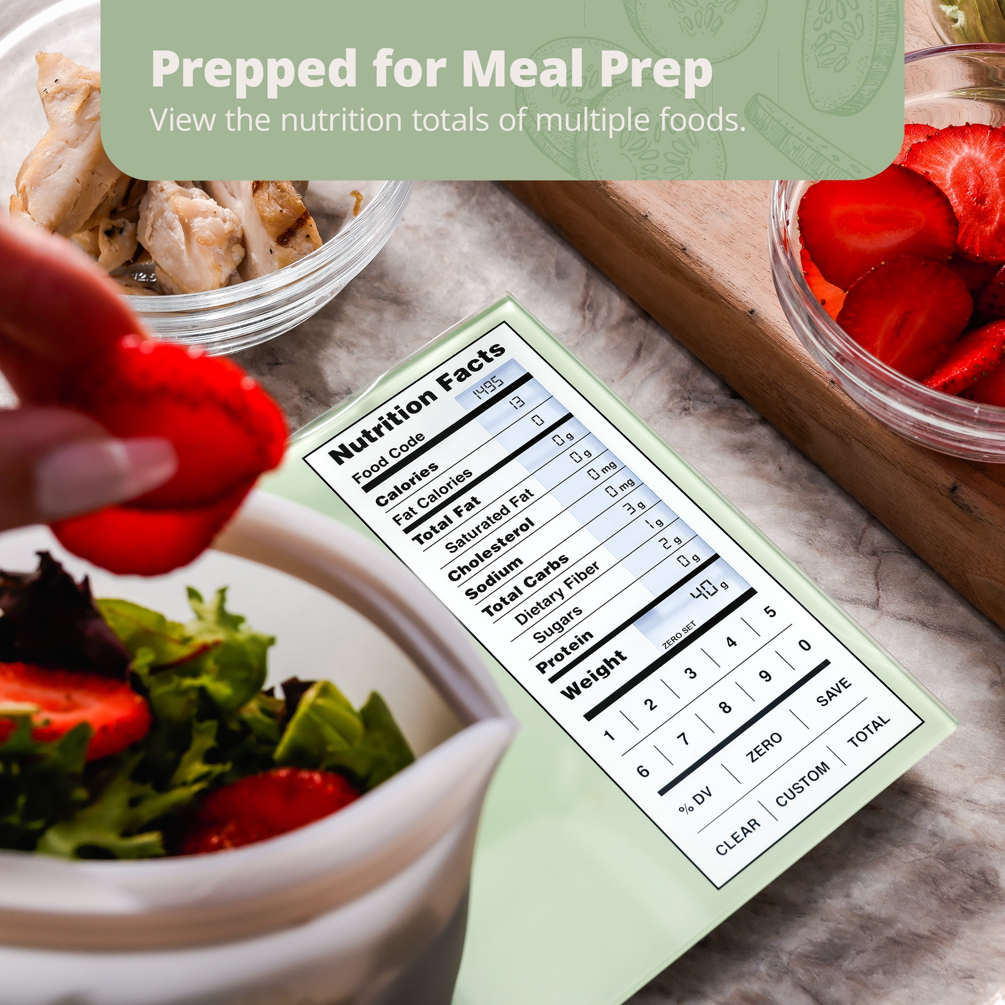 Greater Goods Nutrition Scale, Food Grade Glass, Calorie Counting Scale, Meal Prep Scale, and Weight Loss Scale, Designed in St. Louis, Sage Green
