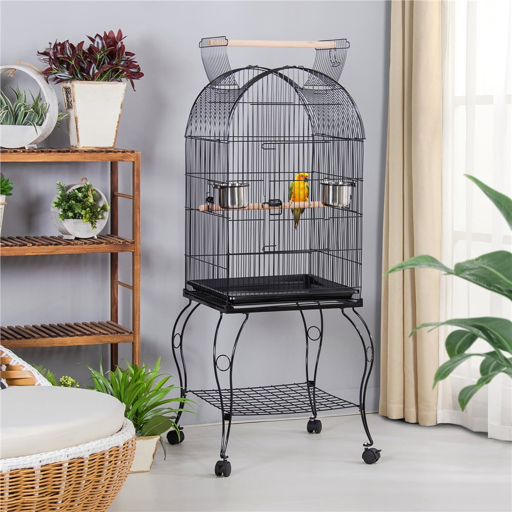 Renwick Rolling Metal Parrot Cage with Open Top For Small Birds, Black, 59" H