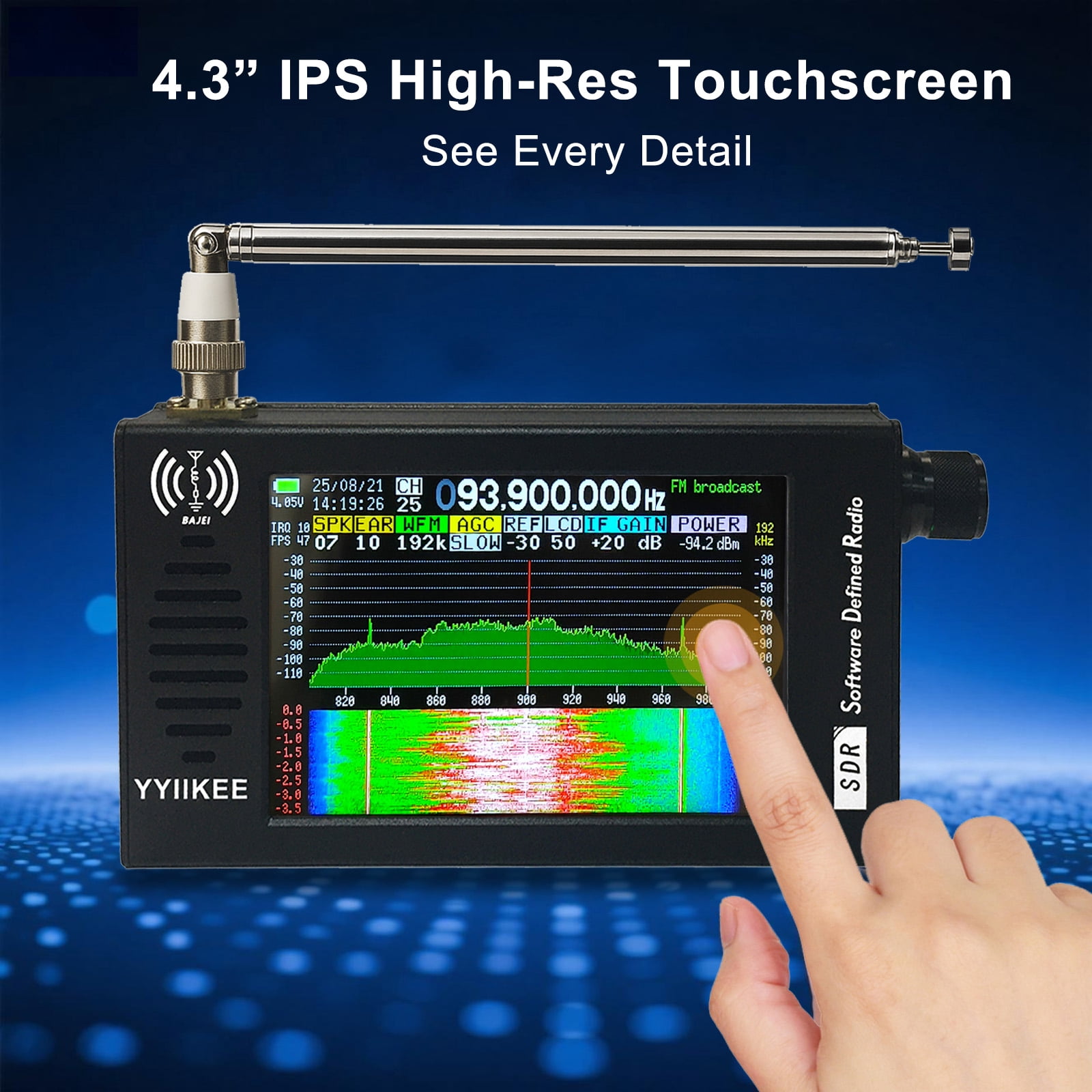 Portable SDR DSP Radio Receiver with 4.3" Touchscreen 100KHz–149MHz Full Band SSB/AM/FM/CW 192kHz Spectrum Waterfall Display Rechargeable 5000mAh Battery Aluminum Alloy Case