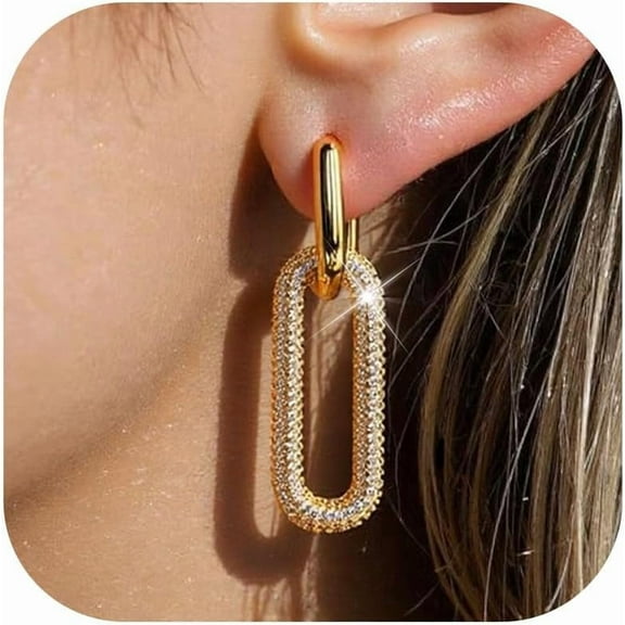 Paperclip Chain Link Earrings for Women Trendy Cubic Zirconia Dainty Huggie Double Hoop Earrings Jewelry