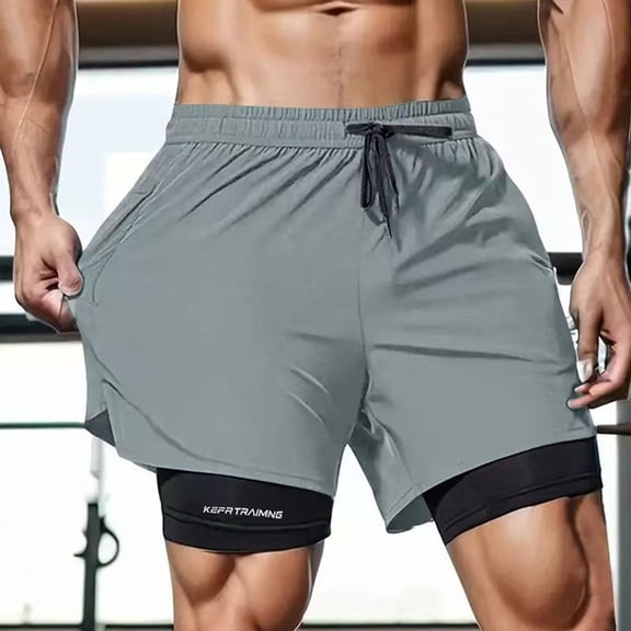 KIHOUT Men's 2-in-1 Athletic Shorts - 95% Polyester 5% Spandex, Drawstring Elastic Waist, Built-in Compression Liner, Split Hem for Running, Fitness and Summer Training