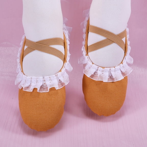 FITORON Ballet Slippers for Kids Girls - Canvas Split Sole with Ruffled Lace & Elastic Straps, Khaki Dance Shoes Gift,Size 5.5-6 Years