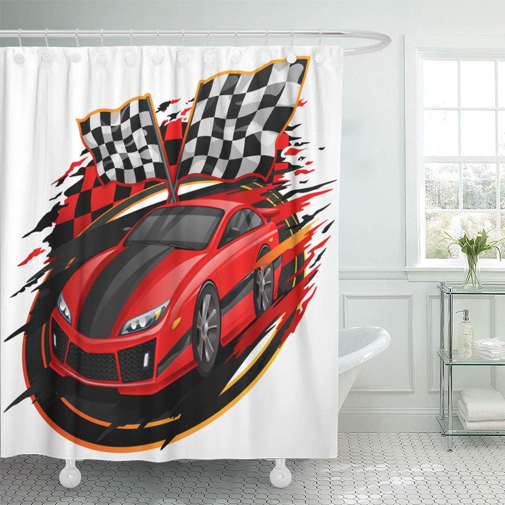 ATABIE Red Race Speeding Racing Car Checkered Flag Racetrack Orange